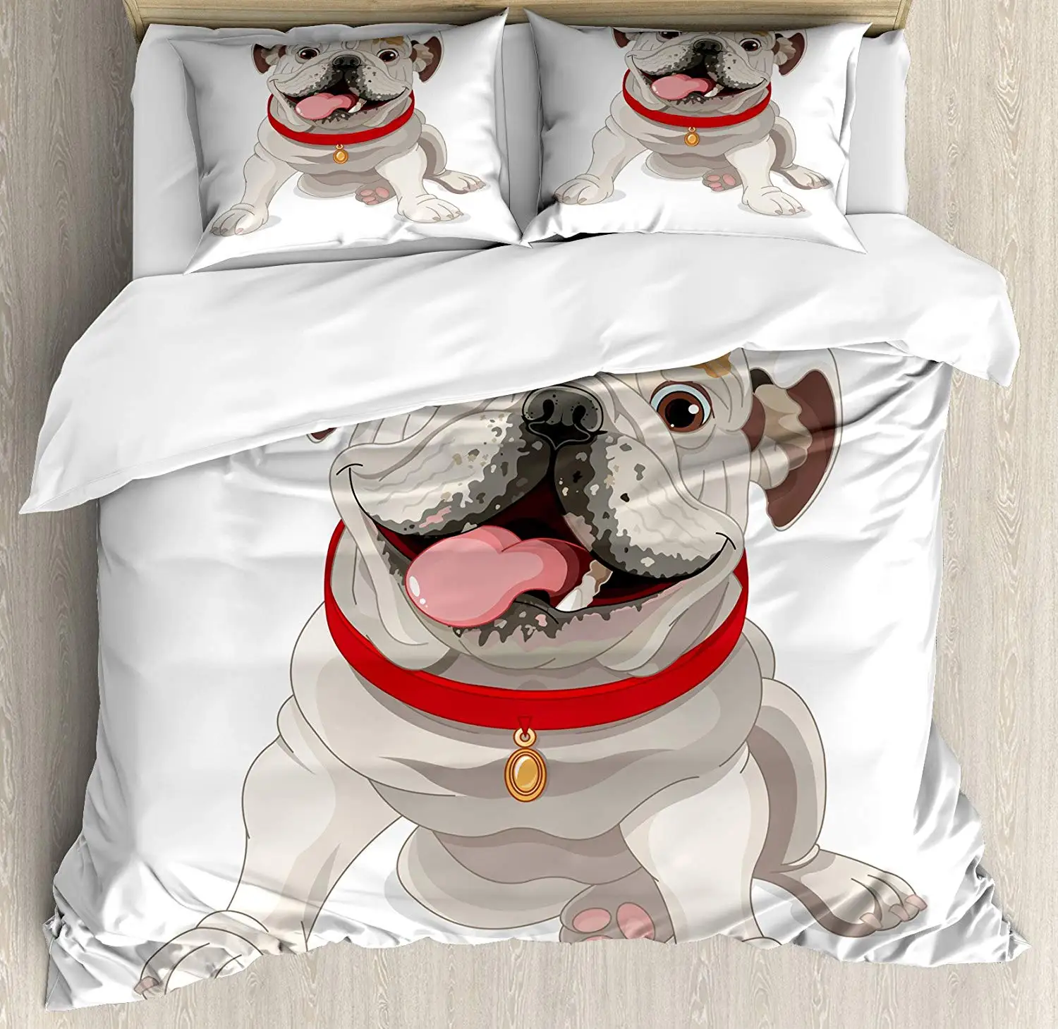 English Bulldog Queen Size Duvet Cover Set Happy Puppy Red Collar Domestic Pure Breed Animal