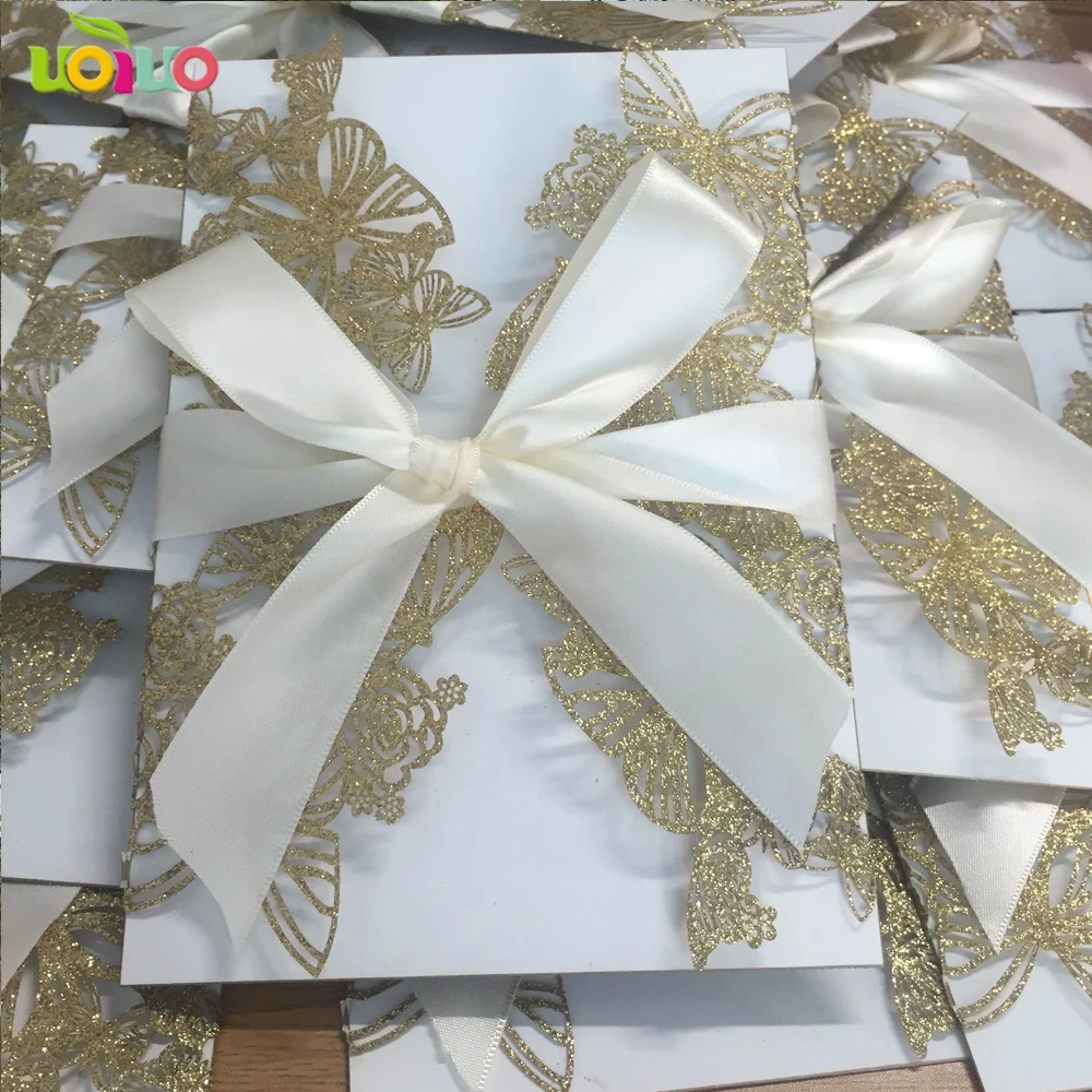 

hot sale glitter paper gold color butterfly invitation card laser cut invitations birthday cards wholesale glitter gold