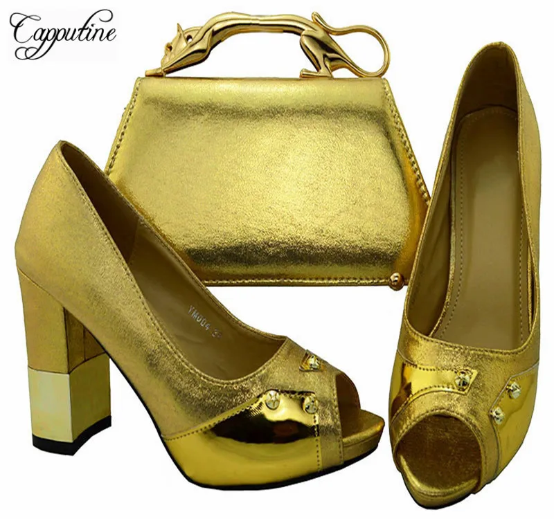 

Capputine African Soft PU Woman Gold Color Shoes And Bag Set Italian Elegant High Heels Shoes And Bag Set For Wedding YM0045