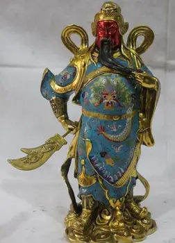 

13" Chinese Cloisonne Enamel Pure Bronze Gild Dragon GuanGong GuanYu Ares Statue