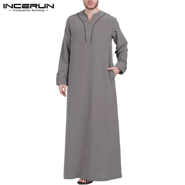 INCERUN Arabic Islamic Kaftan Men Muslim Clothing Loose Long Sleeve V Neck Men Robes Dubai Saudi Arabia Abaya Jubba Thobe 2019 - Image 2