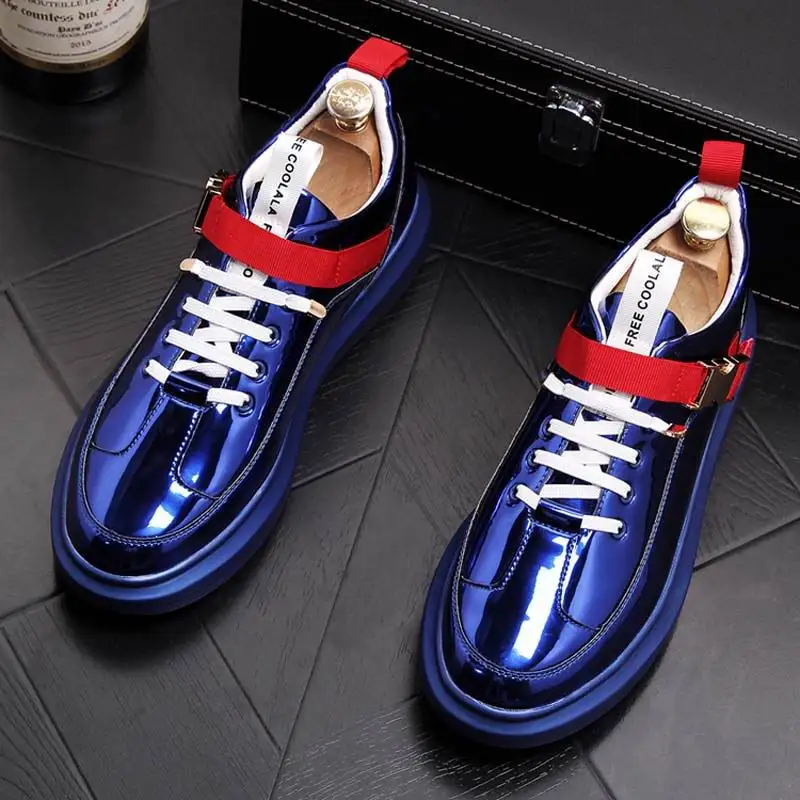 

ERRFC British tide men's shoes fashion casual shoes Shiny blue buckle hip hop shoes for man youth trending platform white shoes