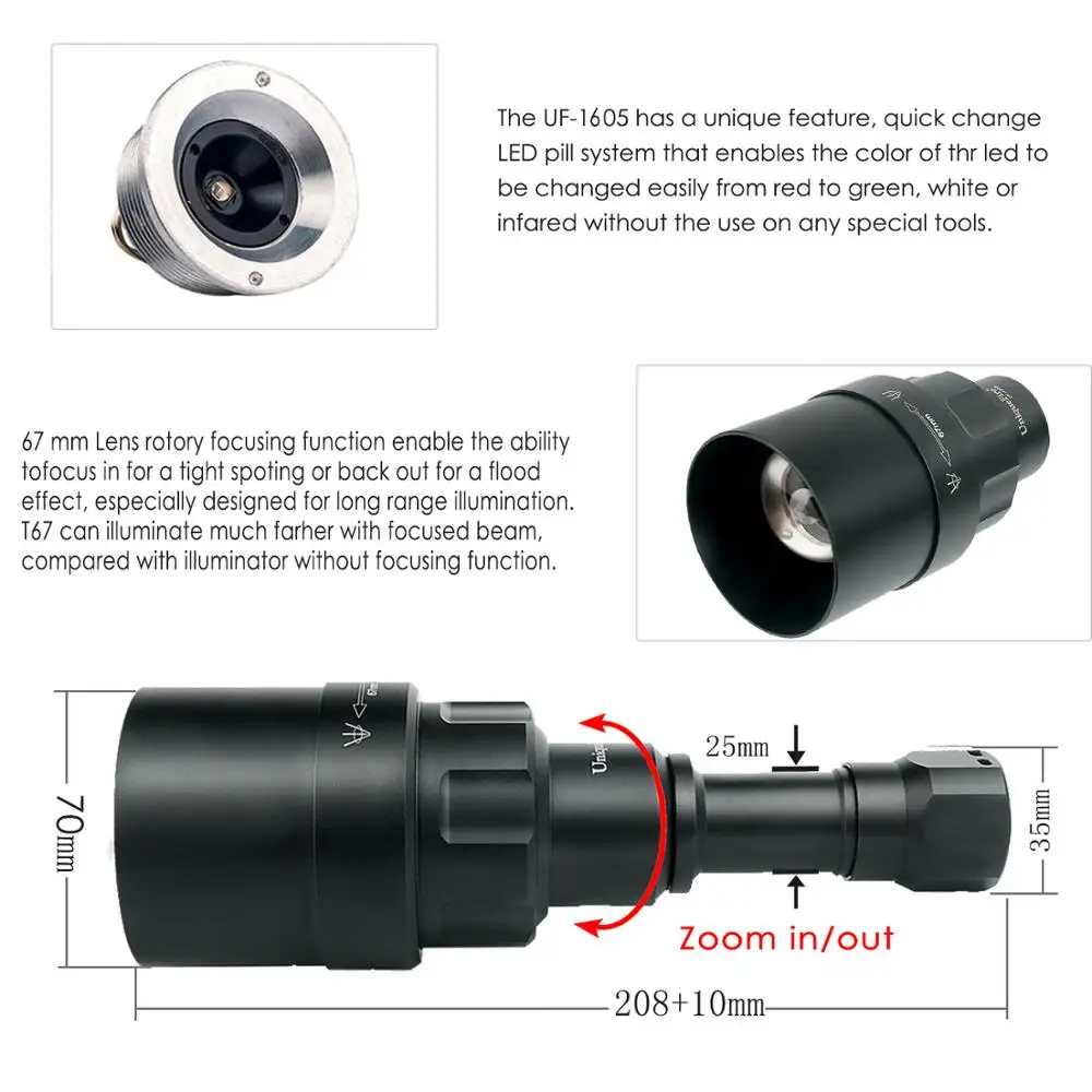 UniqueFire 1605 USB Перезаряжаемый T67 XRE светодиодный светильник-вспышка белый/зеленый/красный светильник 67 мм выпуклая линза фокусировка регулируемый фонарь Lanterna