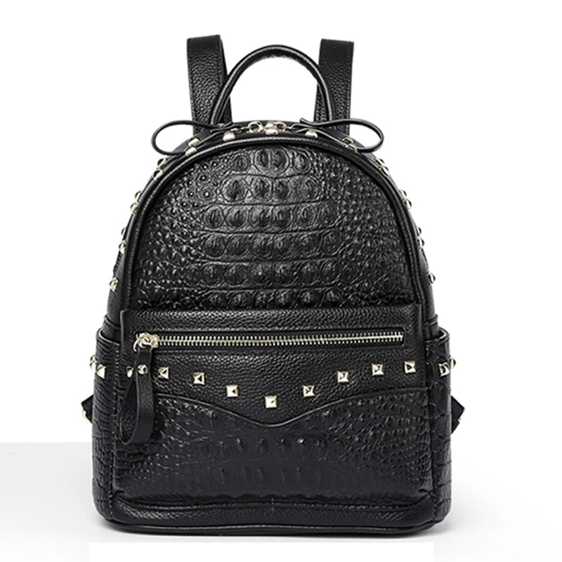 Женский рюкзак из натуральной кожи с крокодиловым узором, винтажная женская повседневная школьная сумка для ноутбука для девочек-подростков - Цвет: Черный