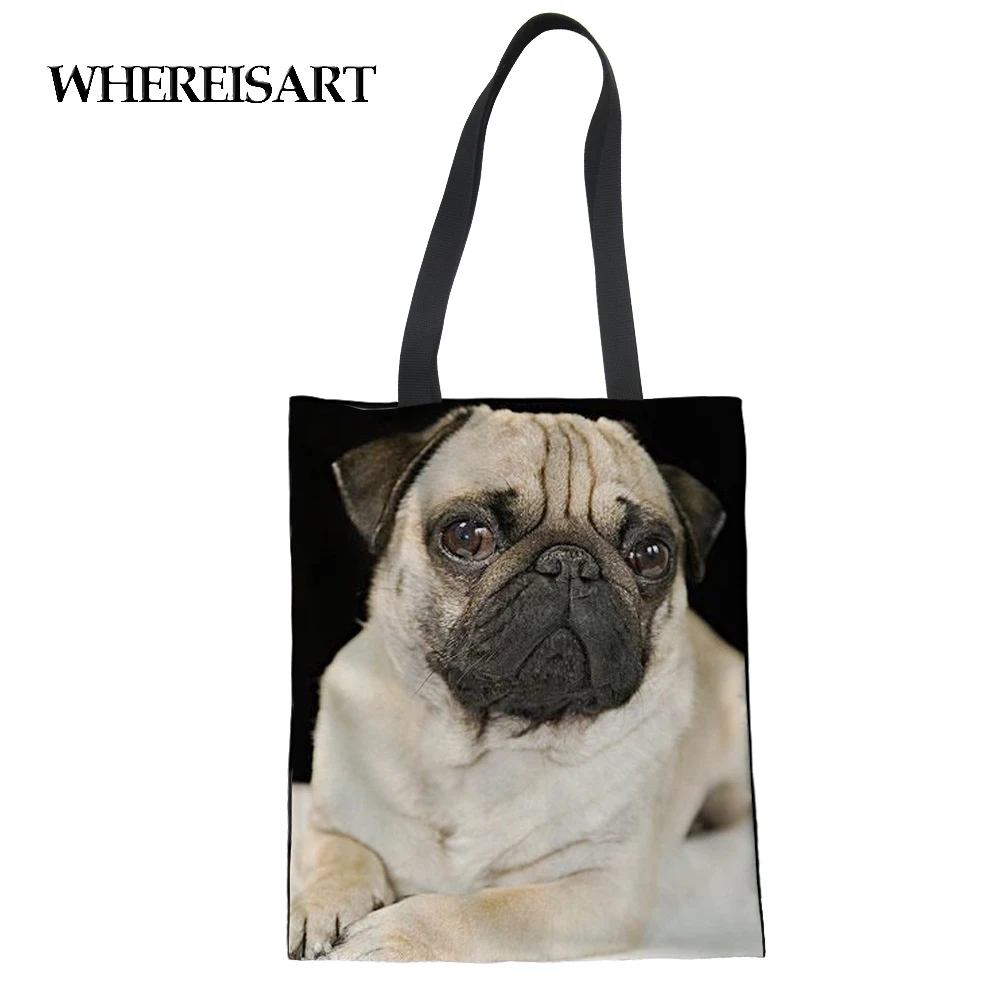 

WHEREISART Pug Printed Shopping Bag Foldable Reusable Duty Cloth Bags School Travel Women Shoulder Bags Ecobag Large Handbag