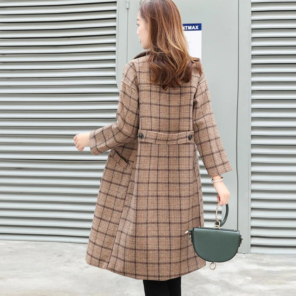 Винтажное клетчатое шерстяное пальто для женщин зима модная теплая свободная флисовая верхняя одежда корейское уличное повседневное пальто для женщин