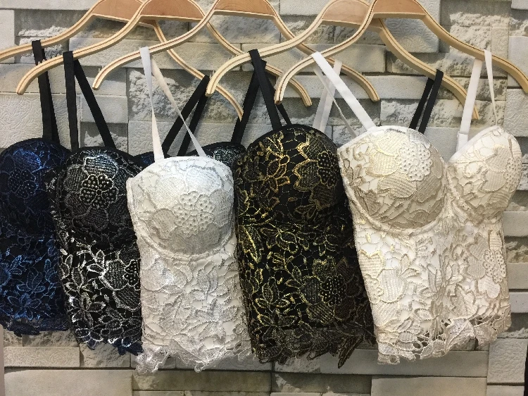 P265 New Gold Bronzing Embroidery Lace Push Up Women's Bustier Bralette Bra Cropped Tube Top