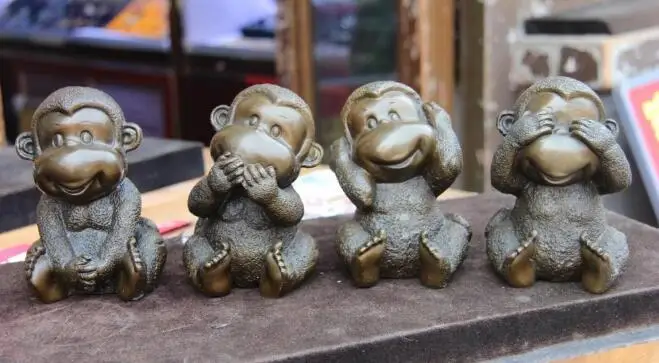 

song voge gem S6938 Chinese Pure Bronze Copper Home Feng Shui lovely Four Monkey Monkeys Statue Set