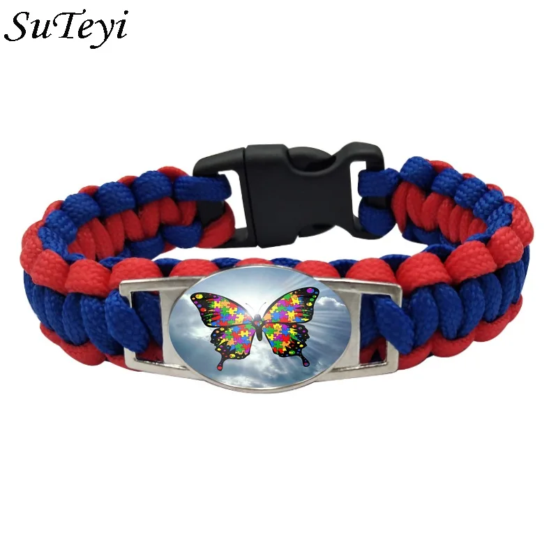 

Suteyi Outdoor Survival Paracord Bracelets Colorful Pattern Inspie Autism People Glass Dome Bangles For Men Women Gift