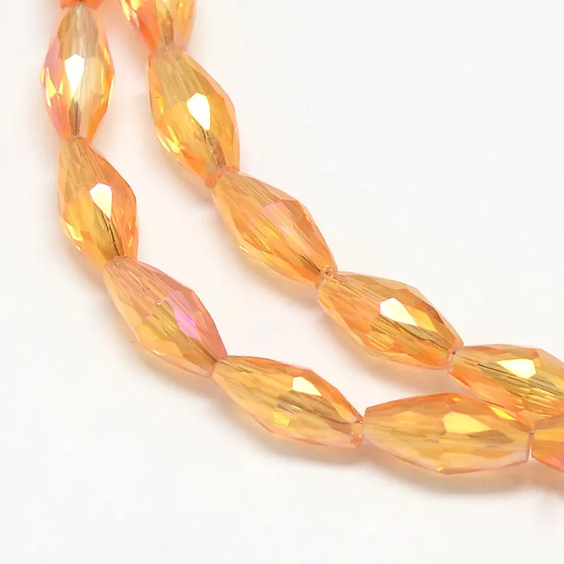 10Strands Electroplate Crystal Glass Rice Beads Strands Faceted Rainbow Color Plated OrangeRed, 4x9mm, Hole: 1mm; 58pc/str