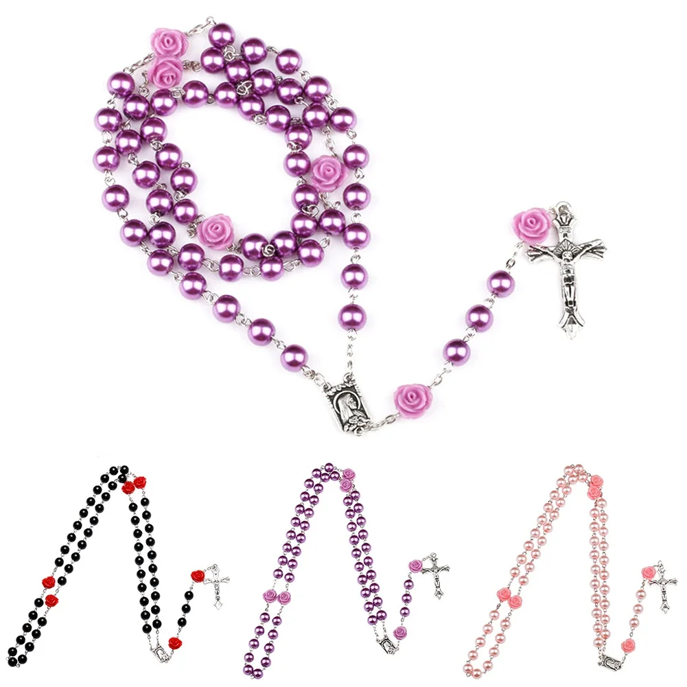 1PC Purple Rosary Beads Catholic Necklace For Girls Women Glass Father Bead Crucifix Pendant Rose | Украшения и аксессуары