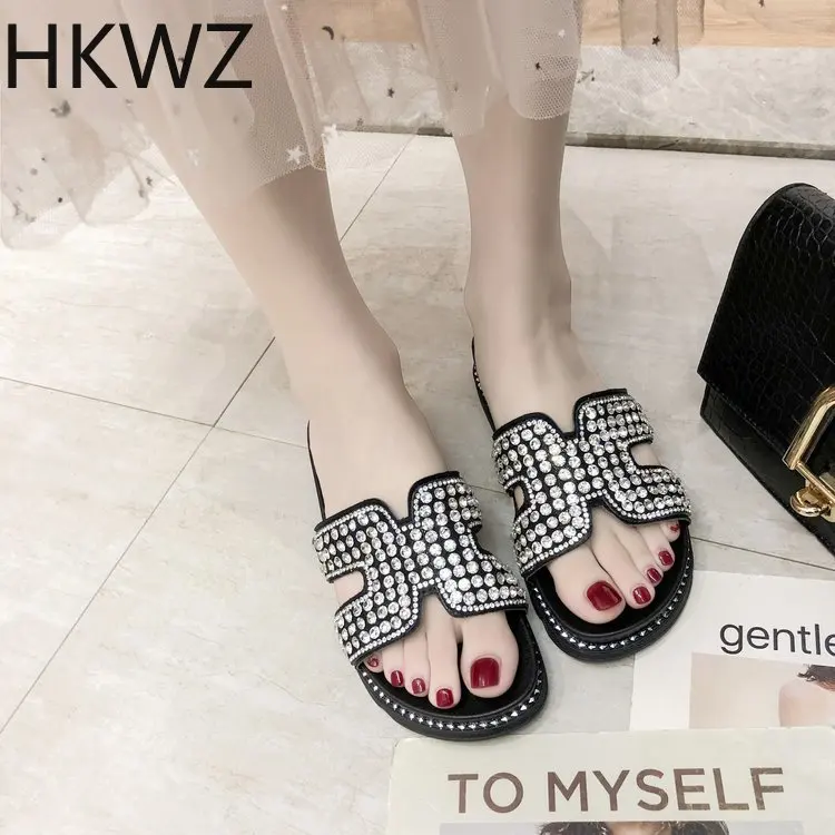 

Women's sandals 2019 summer fashion rhinestones thick bottom word open toe casual sexy Bling wild women's dress slippers