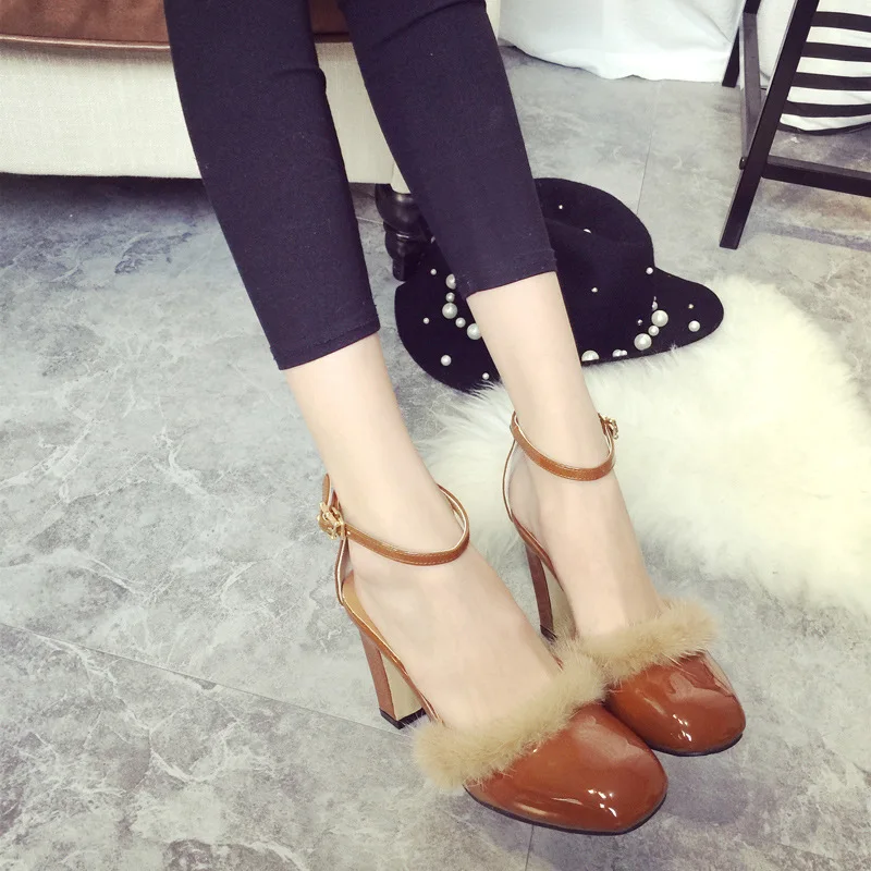 

Women Shoes High Heel Fur Square Heels Fashion Round Toe Pumps Wine Red Khaki Buckle Patent Leather Shoes Ankle Strap Elegant