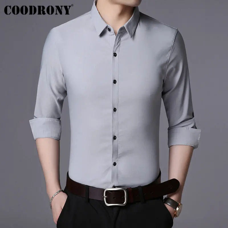 COODRONY брендовая мужская рубашка, осенняя Однотонная рубашка с длинным рукавом, мужская деловая Повседневная рубашка, мужские рубашки из мягкого хлопка, Camisa Masculina 96026