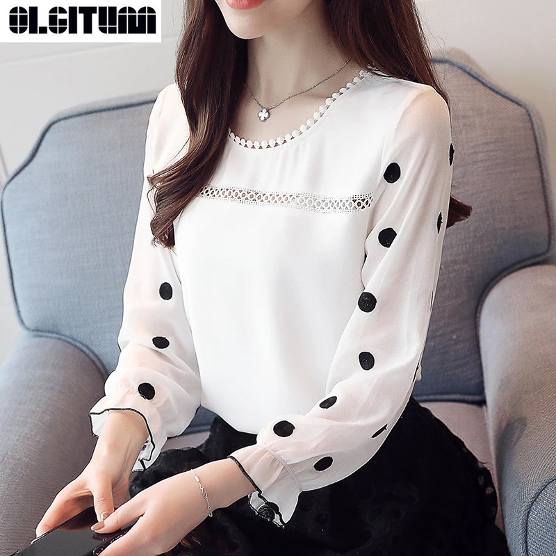 

OLGITUM New Shirt Long Sleeve Women Blouse 2019 Fashion Women's Sweet O-neck Black Dot White Feminine Chiffon Tops Blusas BS395