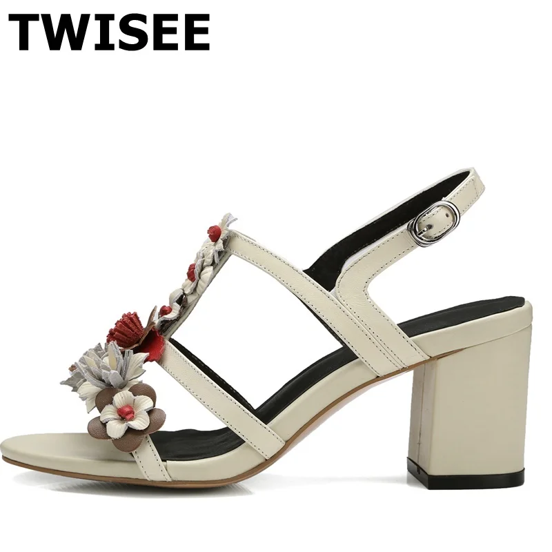 

Buckle Strap Appliques ladies woman shoes sandals peep toe summer sandals genuine leather Square heels 7.5 cm woman party shoes