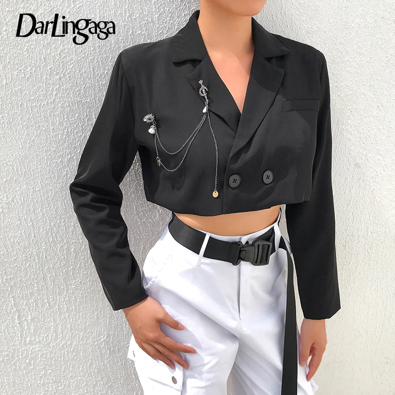 

Darlingaga 2019 Autumn Fashion Cropped Blazer Women Coat Double Breasted Women's Jacket Blazers Cardigan Black Brooch Outerwear