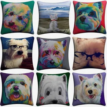 

Westie Pet Dog Watercolor Art Decorative Cotton Linen Cushion Cover 45x45cm Throw Pillow Case For Sofa Home Decor Almofada