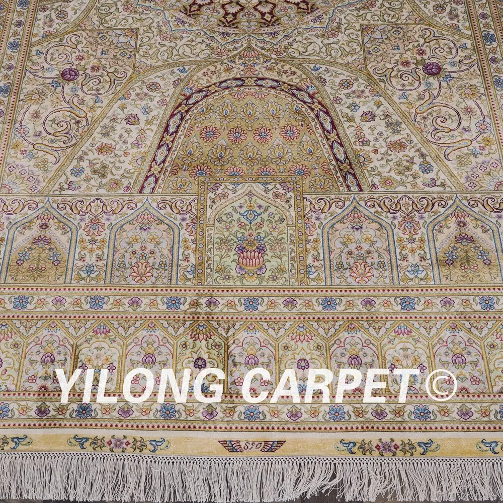 Yilong 5 'x 8' персидские коврики ручной работы с узлом бежевый турецкий шелковый