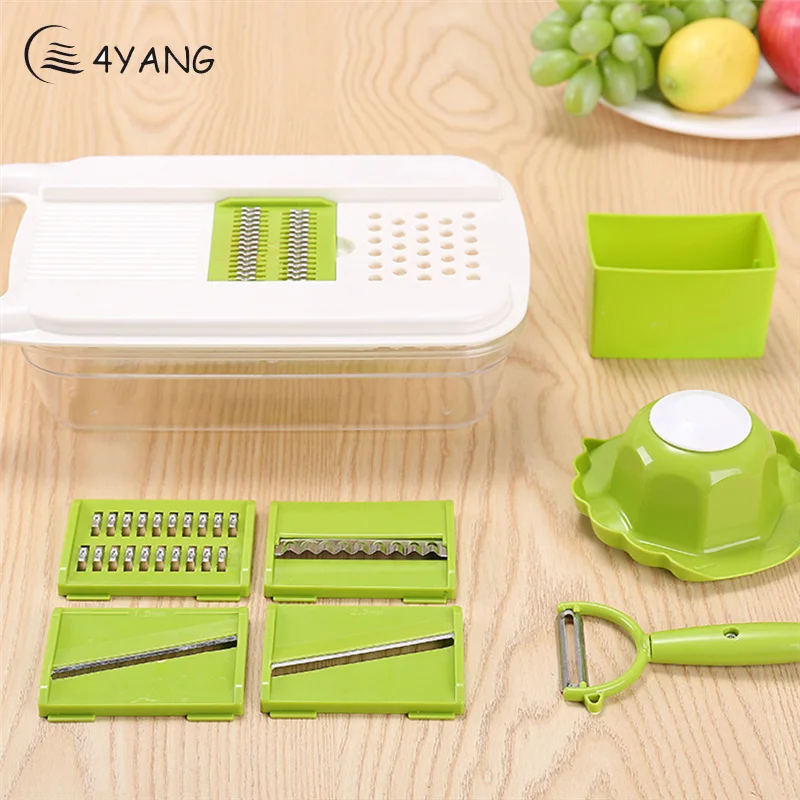 

4YANG Mandoline Vegetable Slicer Multifunctional Vegetable Cutter Potato Carrot Dicer 5 Pcs Stainless Steel Blade Box + 1 Peeler