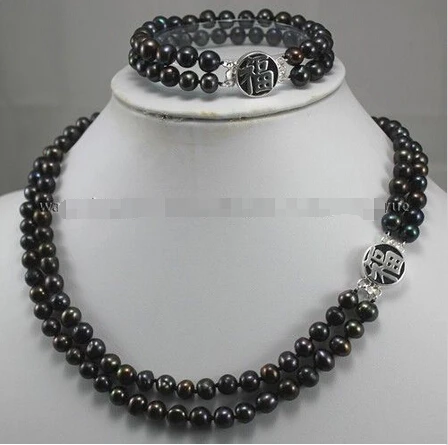

2Rows 7-8mm Black Akoya Cultured Pearl Silver Clasp Necklace Bracelet ^^^@^Noble style Natural Fine jewe SHIPPING 5.25
