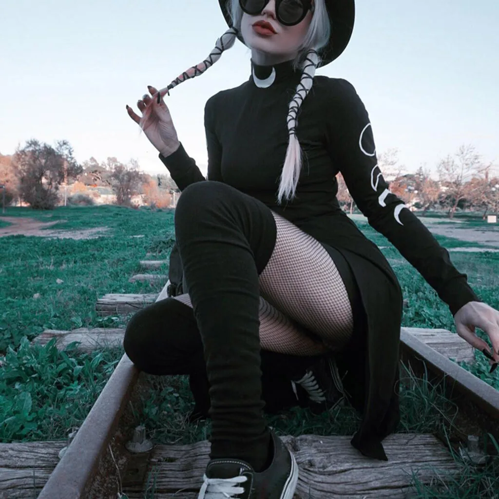 

Women Black Street Gothic Style Punk Moon Print Long Sleeve Irregular Hem Dress vestidos#G6