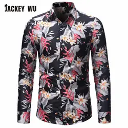 JACKEYWU Повседневная рубашка для мужчин 2019 FashionFloral печати с длинным рукавом Гавайская тонкий хлопок Мужская одежда Хип Хоп Уличная