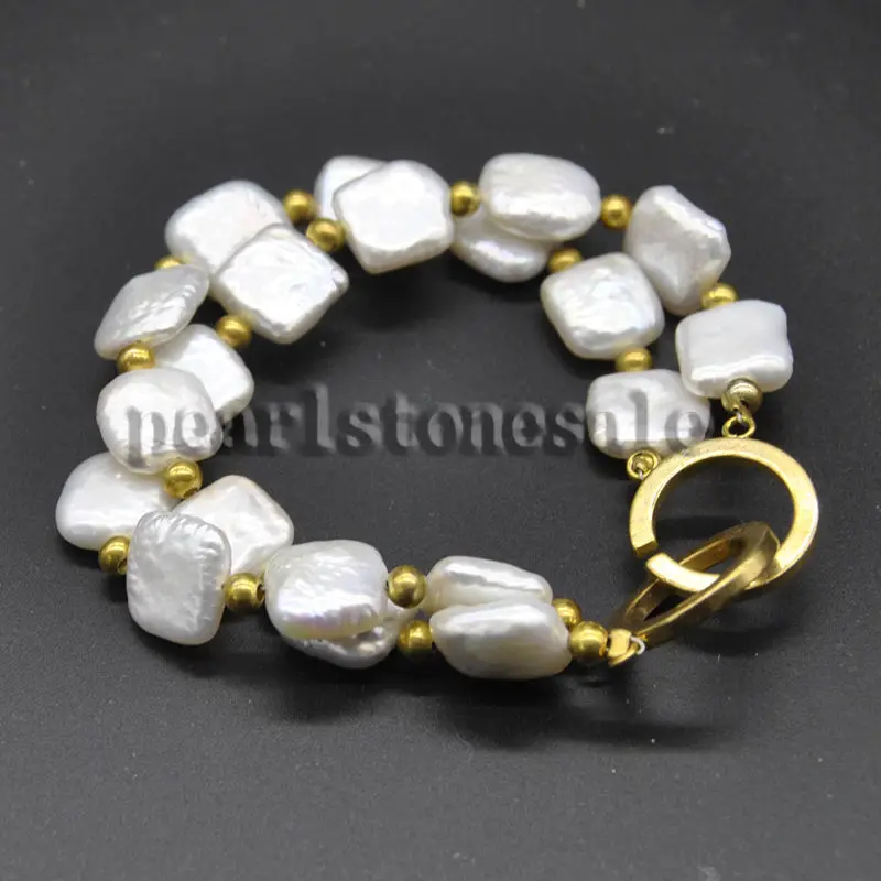 

LJHMY Natural White Button Coin Freshwater Cultured Pearl Bracelet For Women Gold