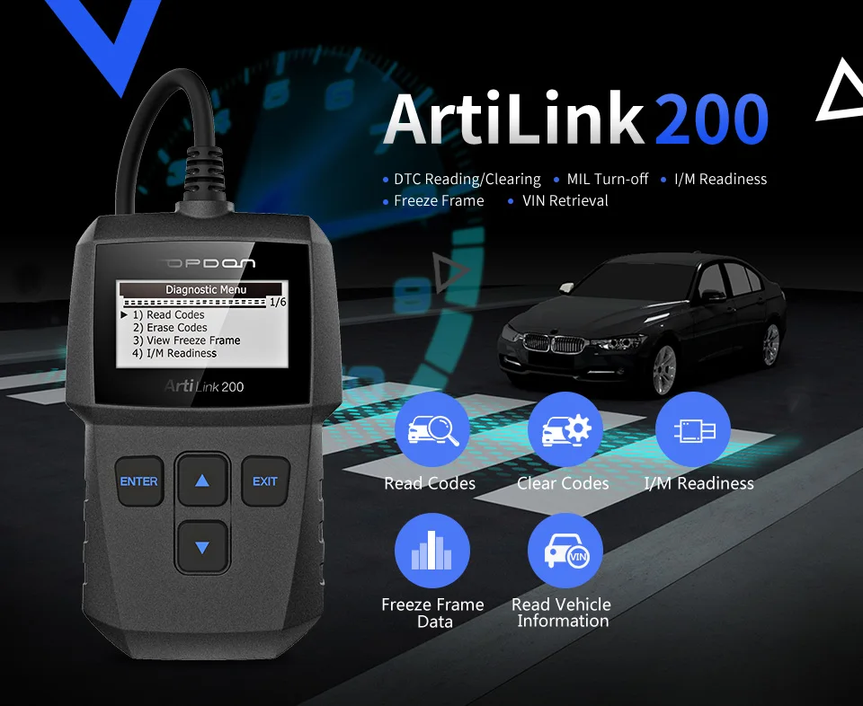 TOPDON arilsink 200 диагностический инструмент OBDII OBD2 сканер для проверки неисправности двигателя er AL200 считыватель кодов I/M тест на готовность выключение MIL