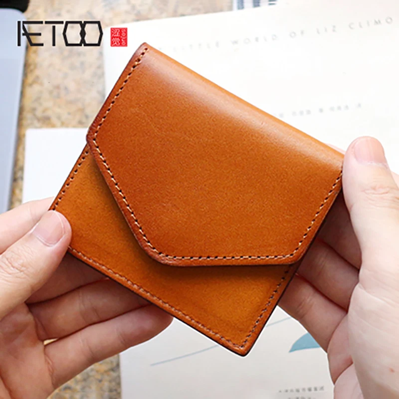 

AETOO Tanning cowhide wallet Female leather retro envelope small card bag handmade thin short money clip