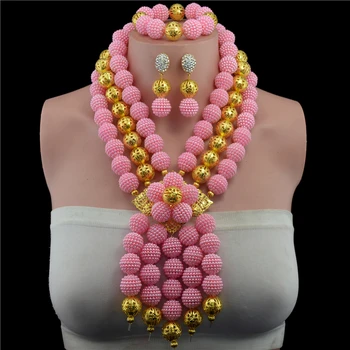 

Gorgeous Pink African Beads Jewelry Set 3 Rows Nigerian Wedding African Costume Crystal Jewelry Sets Free Shipping