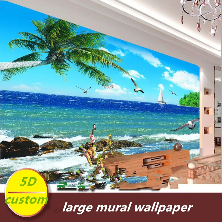 На заказ 5D шелковые большие фрески обои Приморский морской пейзаж Пляж фрески кокосовые пальмы средиземноморские обои природный пейзаж назад