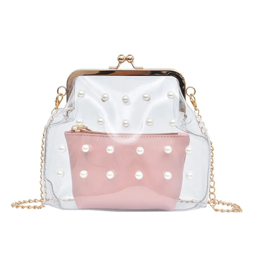 

Women Girl Pearl Crossbody Bag PU Leather Shoulder Bag Hasp Ladies Messenger Bag Waterproof Chain Transparent jelly bag E