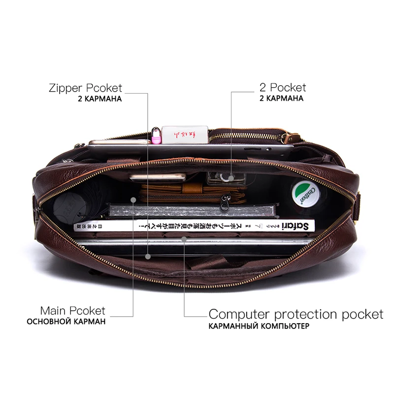 Student Briefcase CONTACT'S Genuine Leather Laptop Tote Briefcase Men Crossbody Shoulder Handbag Messenger Bag
