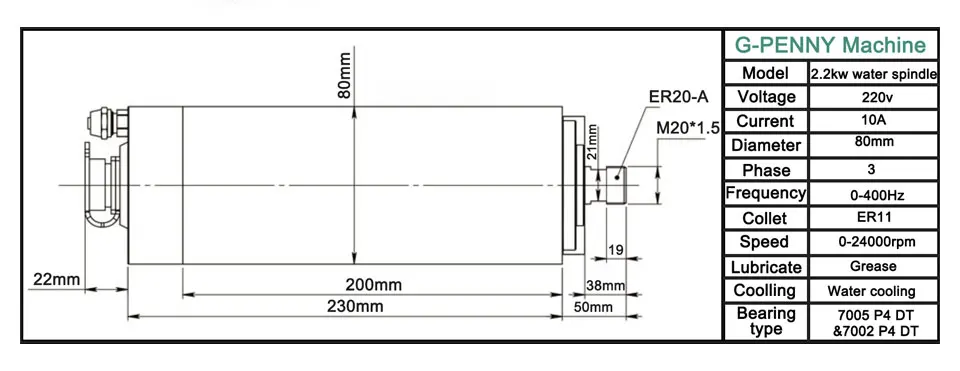 G-PENNY 2.2KW ER20 мотор шпинделя с водяным охлаждением CNC 80x230 мм 220 В/380 В 4 подшипника и 80 мм алюминиевый круглый кронштейн шпинделя