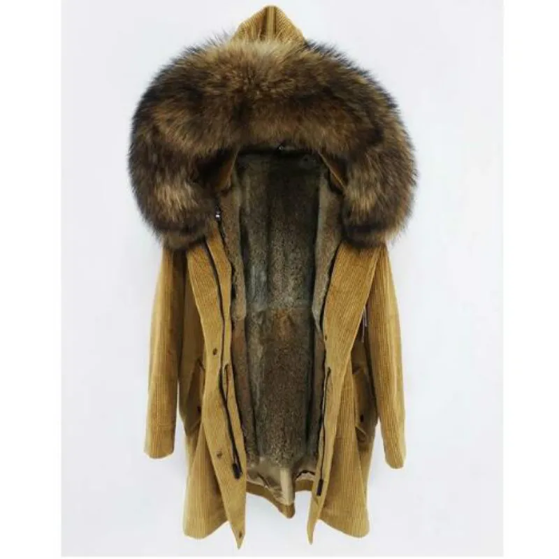

maomaokong 2018 winter Natural rabbit fur lining jacket Women parka fur coat Corduroy real raccoon fur collar warm Long parkas