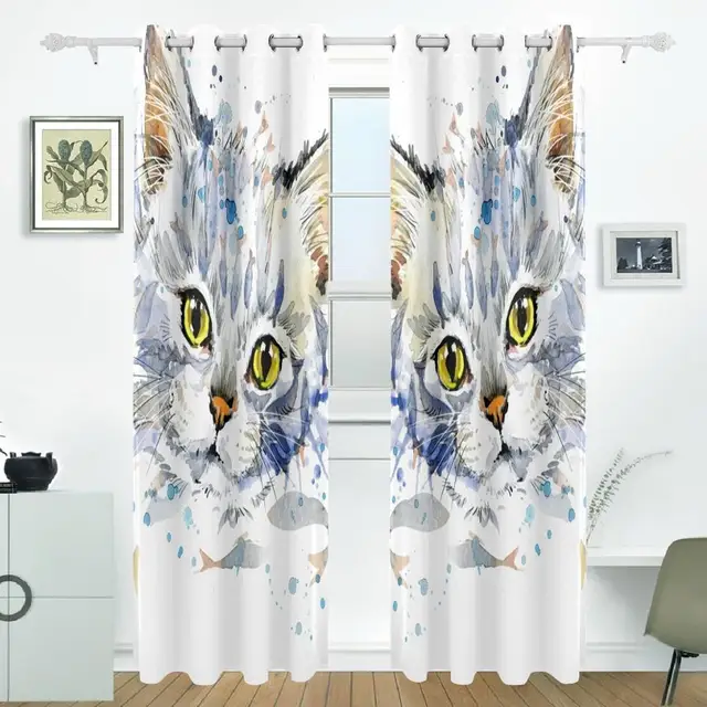 watercolor cat curtains drapes panels darkening blackout grommet room divider for patio window sliding glass door - Cat Curtains watercolor cat curtains drapes panels darkening blackout grommet room divider for patio window sliding glass door - Cat Curtains