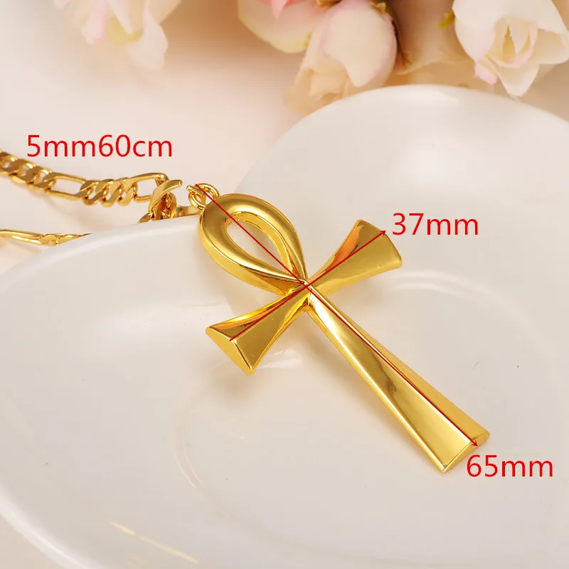 

Ankh Big Bowknot Cross Timeless Pendant Necklace Chain Woman Mens 14 k Yellow Solid Gold GF Charms Hieroglyphs Crux Ansata