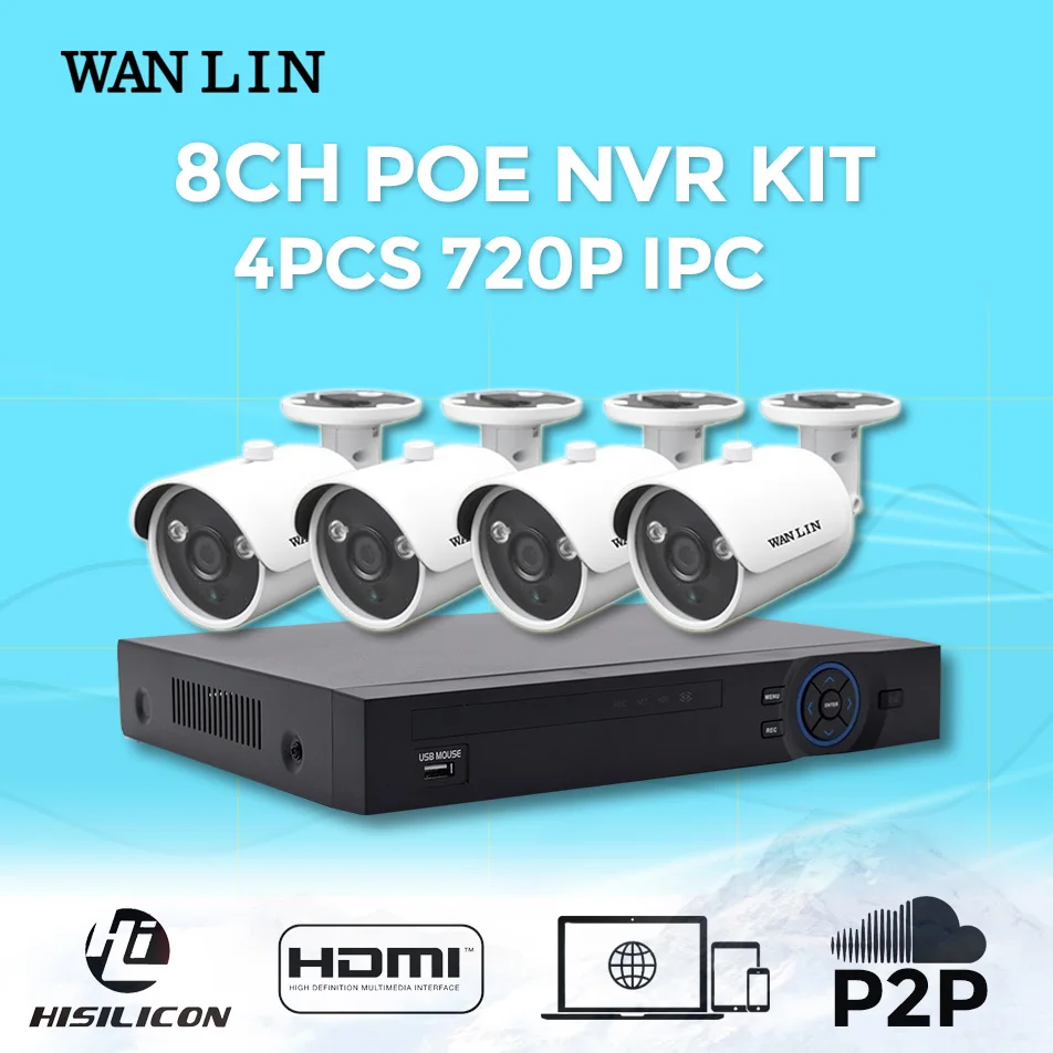  WANLIN 8CH POE NVR Kit POE NVR 4PCS 720P IPC CCTV IP Camera Home Security Surveillance Kits 