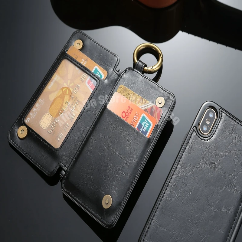 2 в 1 двойной чехол кошелек из спилка для iPhone X 8 I8 7 PLUS 6 6S 5S бумажник карт ТПУ личи