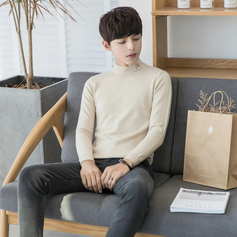 

Men's Sweaters 2019 Spring Autumn Turtleneck Casual Solid Knitted Embroidery Pullovers Slim Fit Black Male Clothes Sweaters Men