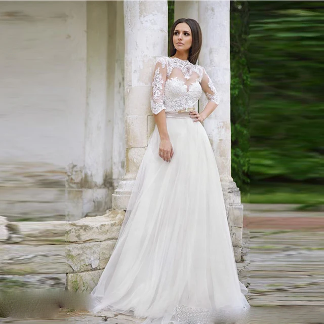 elegante tul vestido de novia con sheer manga francesa de alta
