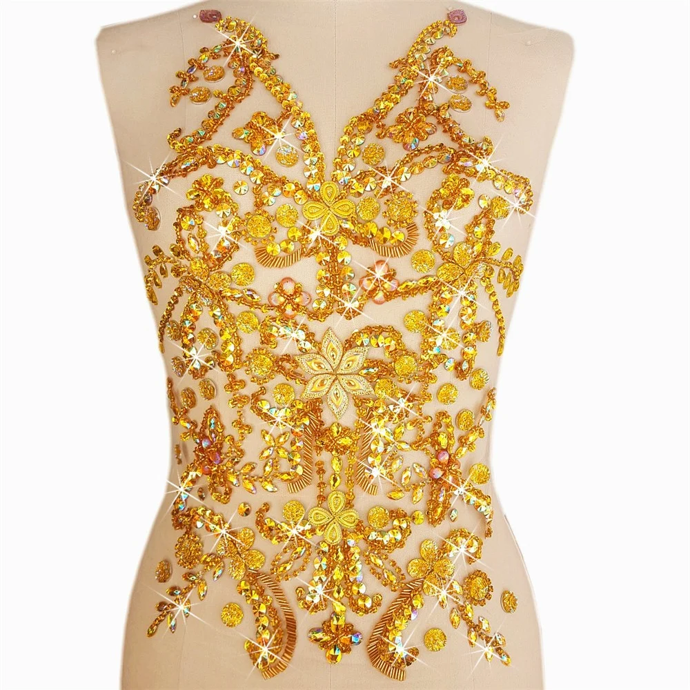 

Handmade Beaded Crystal Yellow AB Sew on Rhinestones Applique Designs Patches Sewing for DIY Wedding Dress Trim 14x19 in