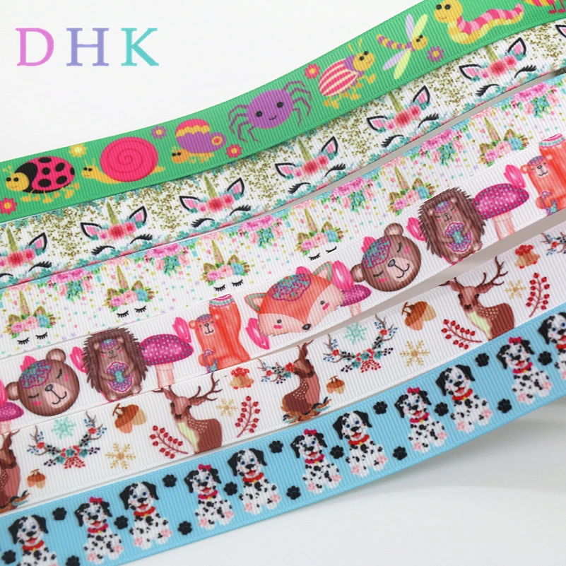 

DHK 7/8'' 5yards dog pug unicorn fox deer printed grosgrain Ribbon Accessory hairbow headwear decoration Wholesale OEM C1642