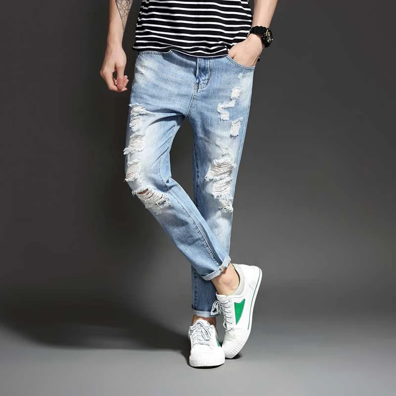 Summer New Jeans Men Ankle Length Ripped Jeans With Holes Light Blue Destroyed Denim Fashion Youth Trousers Fashion Jeans Men Jeans Fashion Menjeans Men Aliexpress