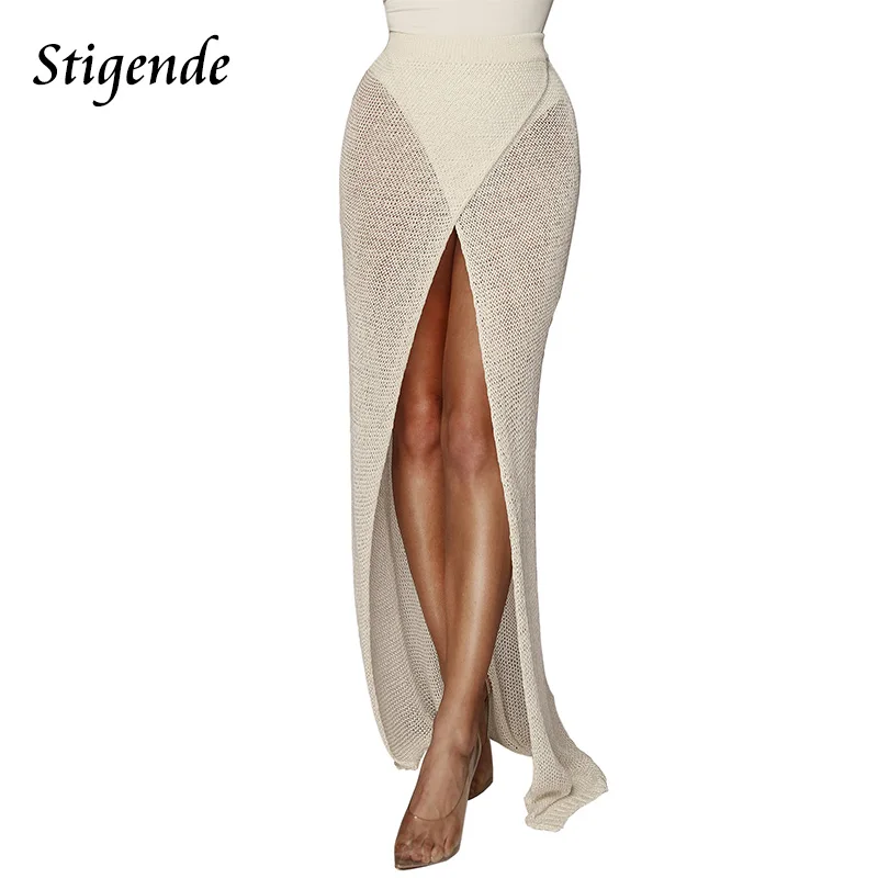 

Stigende Womens Summer Beach Sexy High Split Long Skirt Hollow Out Bodycon Crochet Skirt Fashion Floor Length Knitted Hem Skirts
