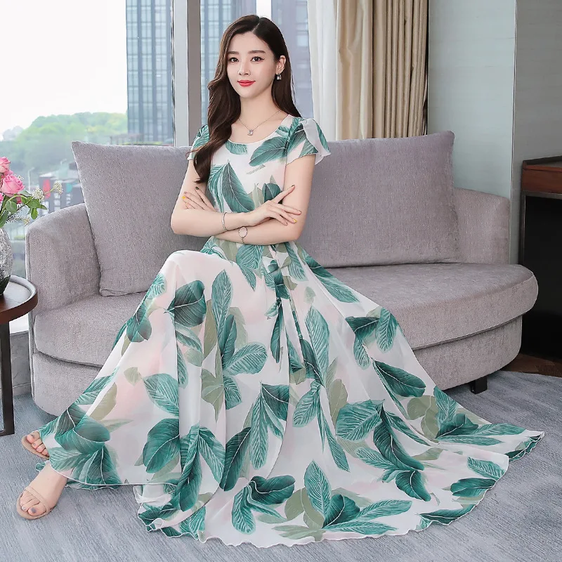 

Summer Fashion Women Bohemian Wind Beach Style Slim O Neck Short Sleeve Sand Chiffon Dress