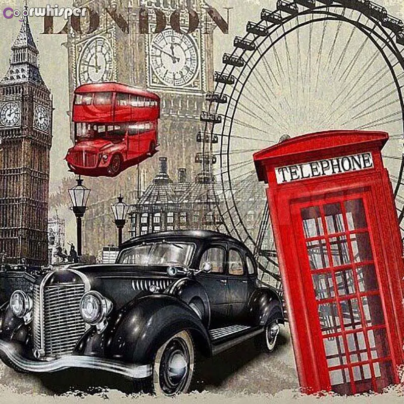 

Diamond Painting Full Square/ Round 5D Daimond Painting Picture British Style Car Red Telephone Booth Ferris Wheel Crystal L005