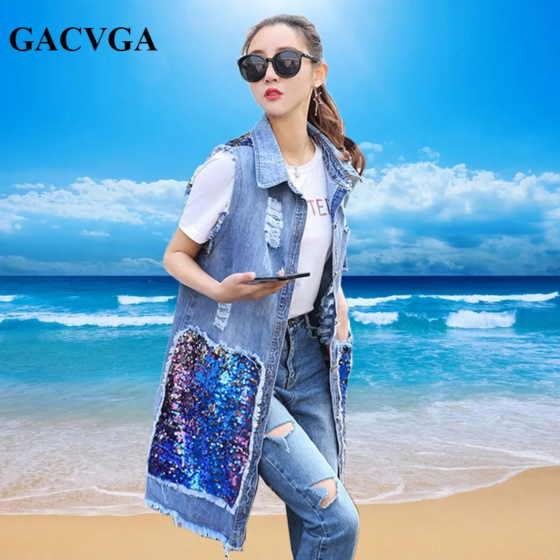 GACVGA 2019 весна осень длинный кардиган джинсовая куртка с блестками Джинсовая без