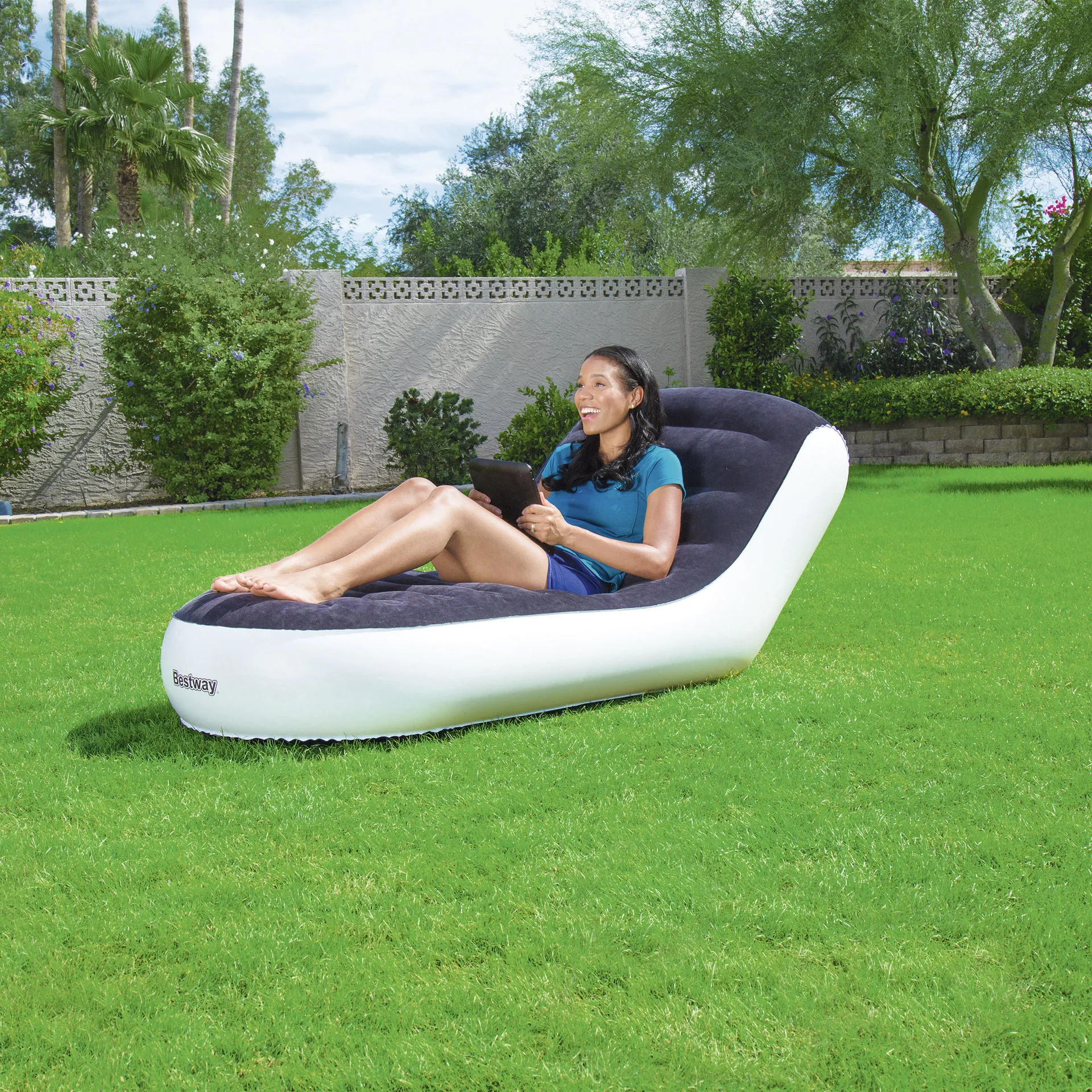 LK625 Eco-friendly PVC+Velvet Single Sofa Home Outdoor Inflatable Sofa Modern Comfortable Chaise Lounge Flocking Chair